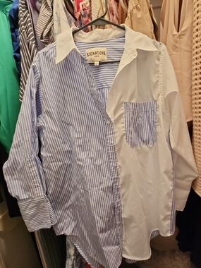 Signature8 Two-Tone Blue Stripe and Solid Button-Up Shirt